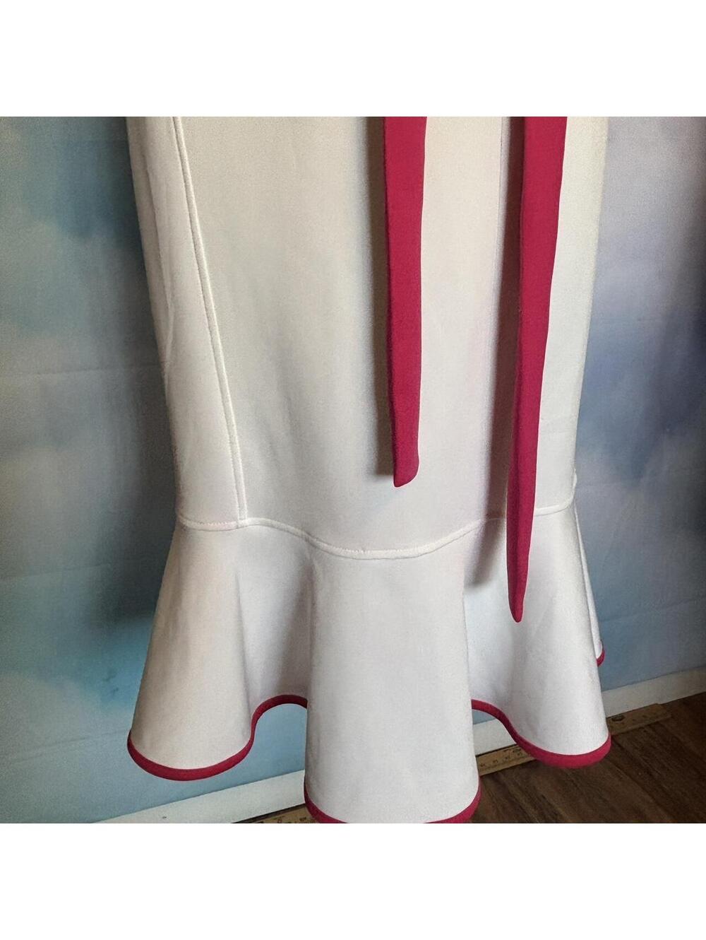 Strapless White Dress with Pink Waist Tie and Hem Accent - Picture 6 of 8